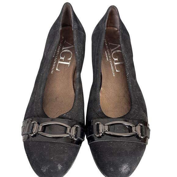 AGL Ballet Flat Wedge Oval Toe Attilio Giusti Leombruni Black Leather 39 Luxury - Picture 3 of 8